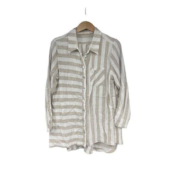 Soft Surroundings Size L Camina Linen Blend Button Down Tunic Stripe Cream Brown - Picture 1 of 8